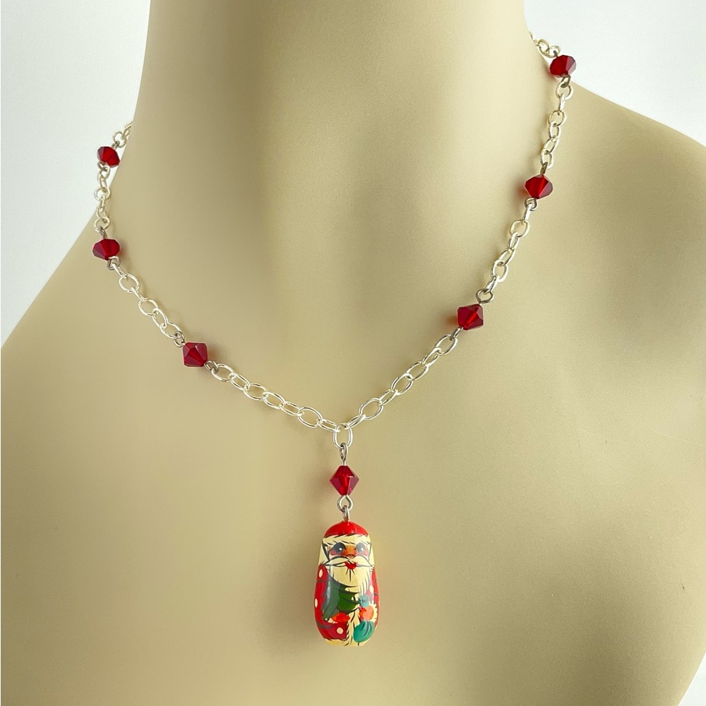 Host Pick!    Santa Claus Russian Doll Necklace, Matryoshka, Swarovski Crystal